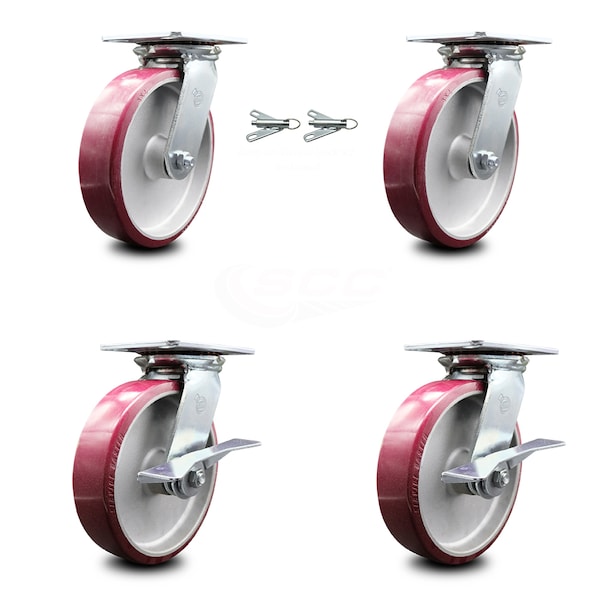 8 Inch Poly on Aluminum Swivel Caster Swivel Locks 2 Brakes, 2PK